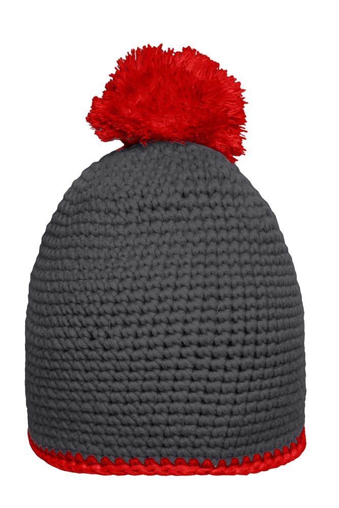 Pompon Hat with Contrast Stripe - Carbon/red (ca. Pantone 445C
199C)