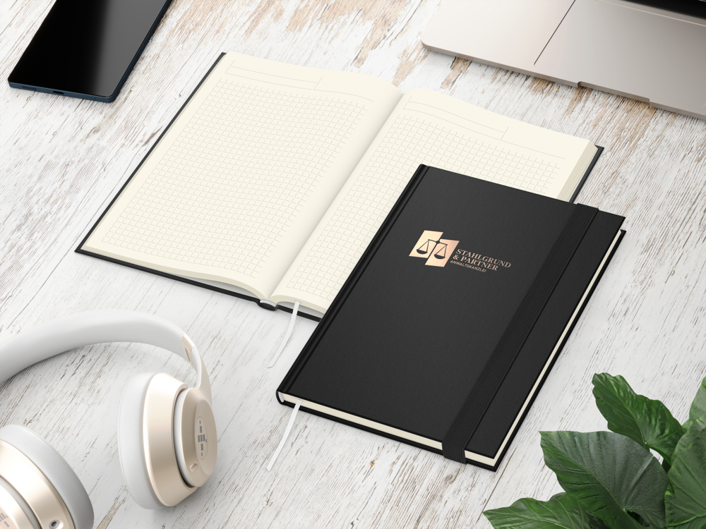 Notizbuch Visco-Book, Creme, Winkelkaro, schwarz, Kupferprägung